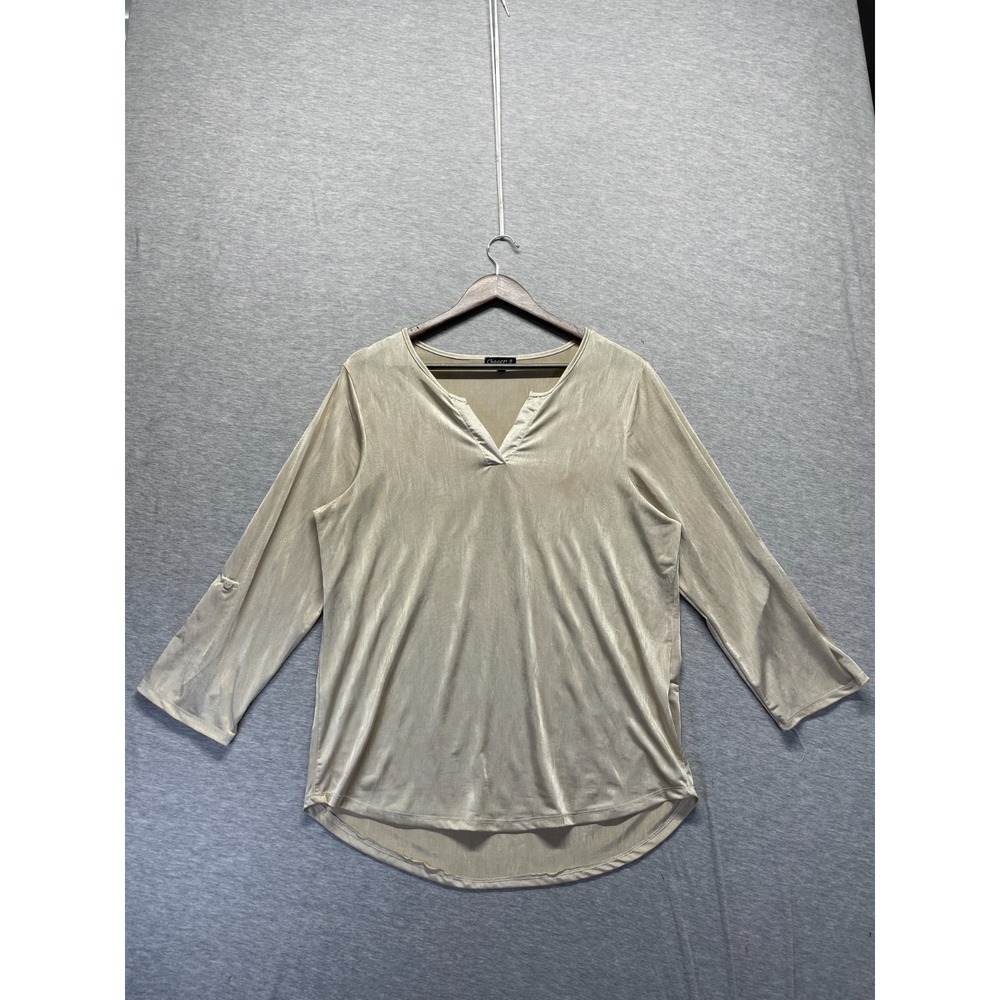 Chances R Blouse Top Womens Large Beige Metallic Stretch Notch V Neck 3/4 Sleeve